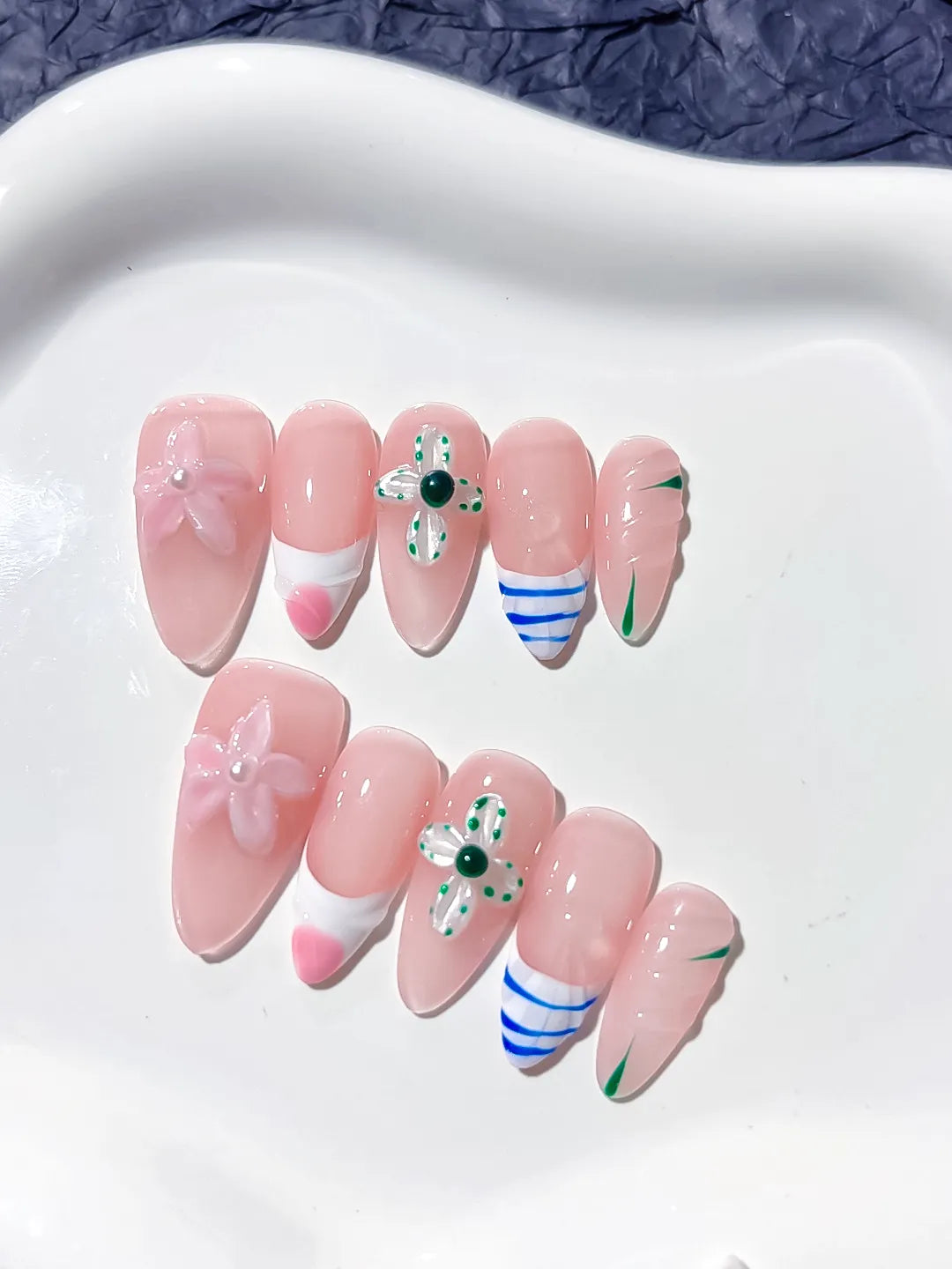 Pink White Blue Abstract Flower Heart Line Art press on nails close up