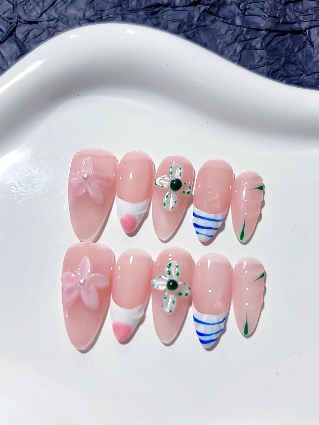 Pink White Blue Abstract Flower Heart Line Art press on nails detail view