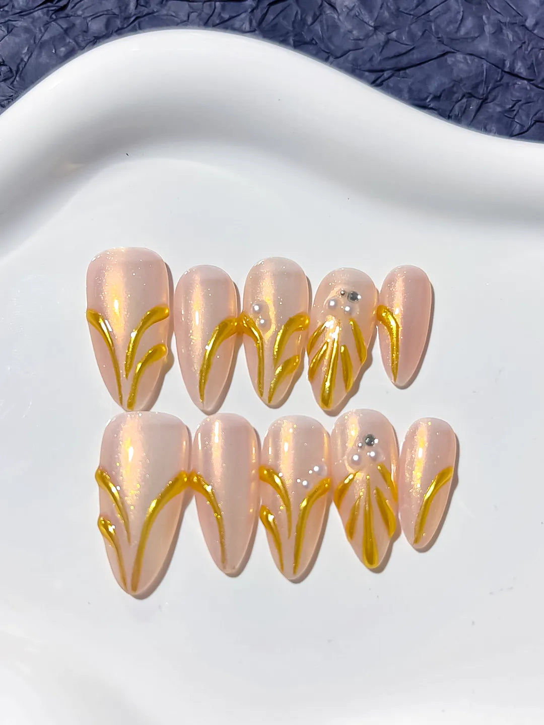 Nude Gold Metallic Rhinestone press on nails detail view