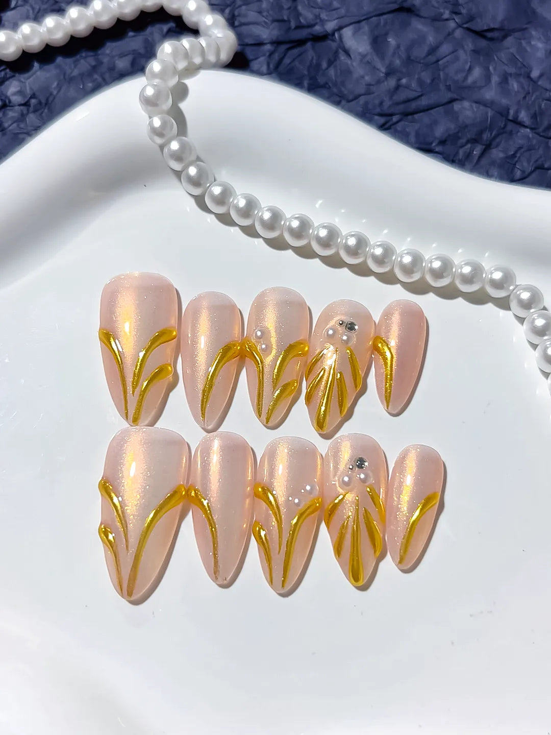 Nude Gold Metallic Rhinestone press on nails detail view