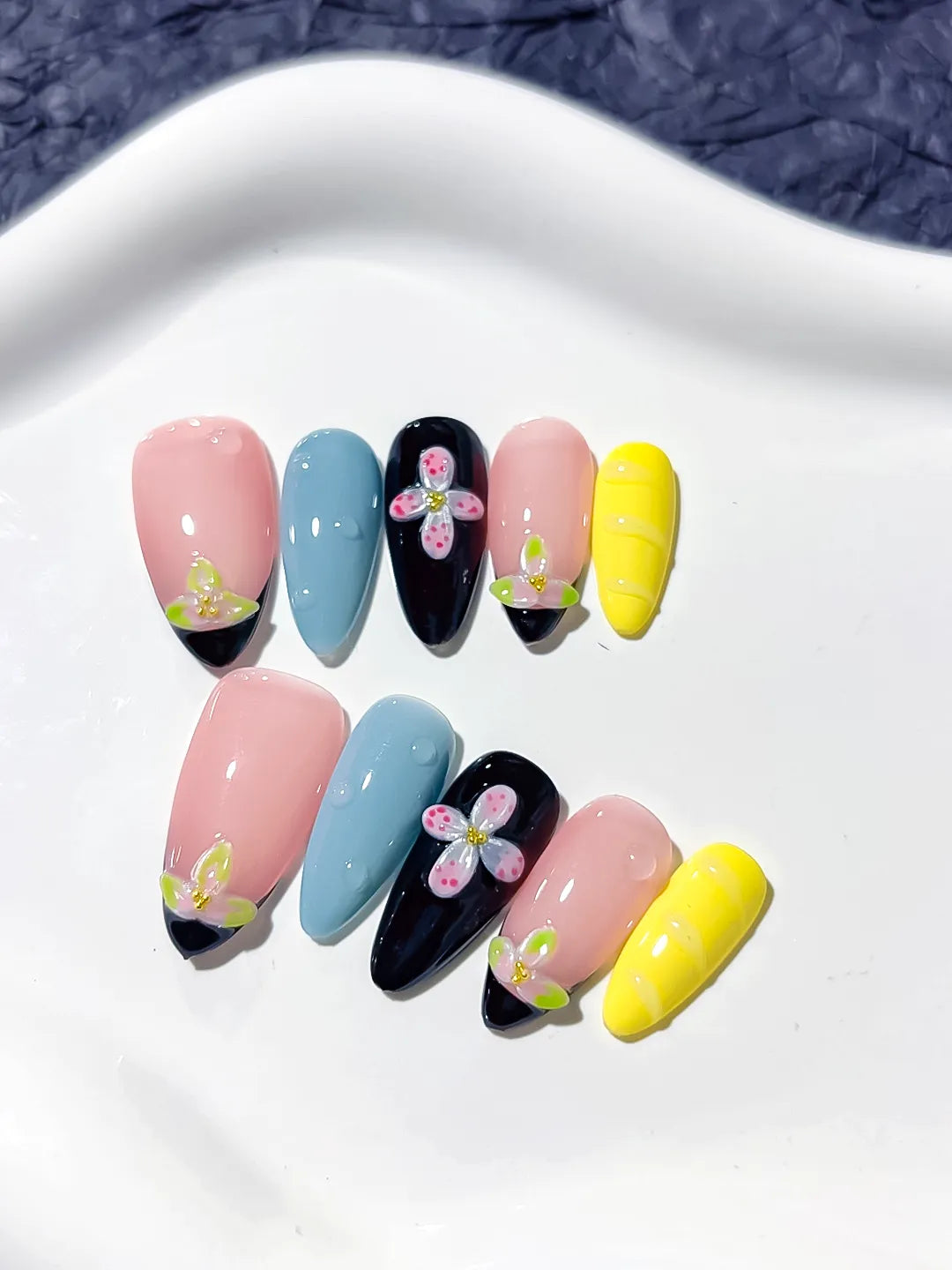 Nude Pink Blue Yellow Black Abstract Flower Embossed press on nails detail view