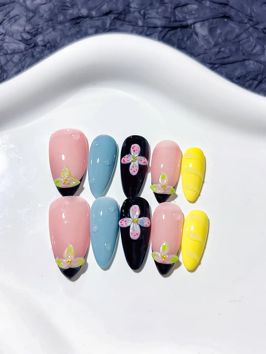 Nude Pink Blue Yellow Black Abstract Flower Embossed press on nails close up