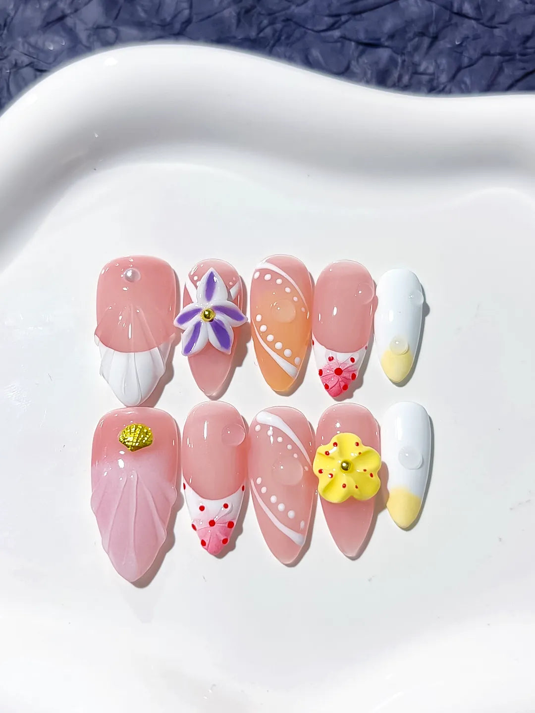 Pink White Yellow Floral Flower Line Art press on nails detail view