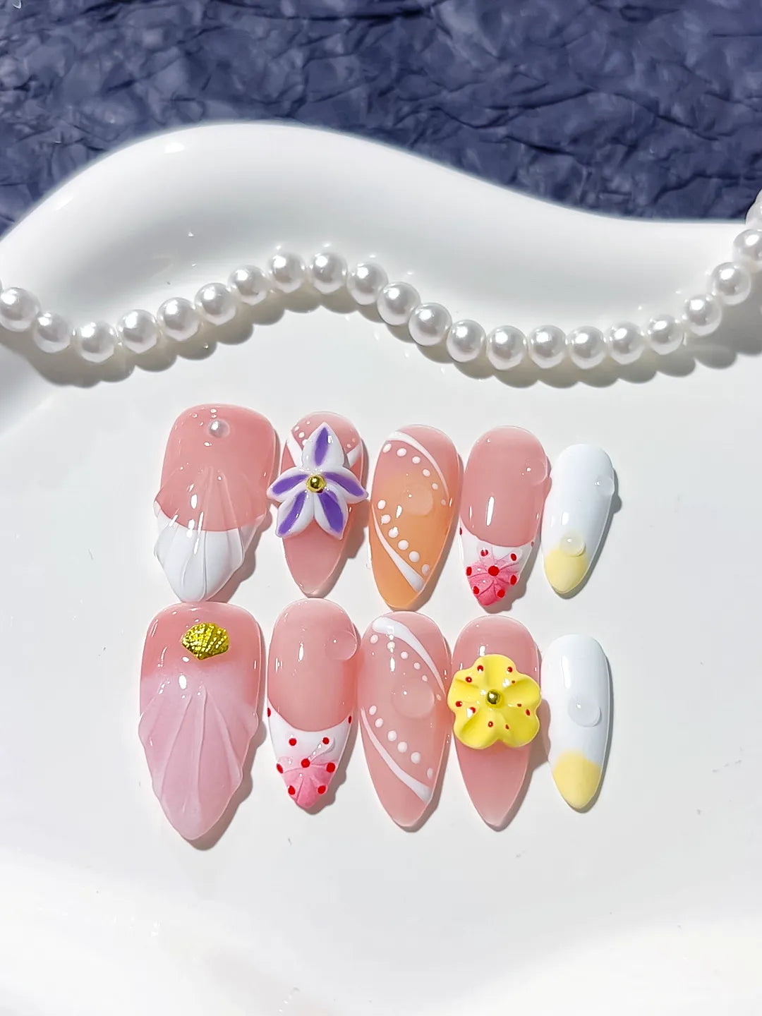 Pink White Yellow Floral Flower Line Art press on nails detail view