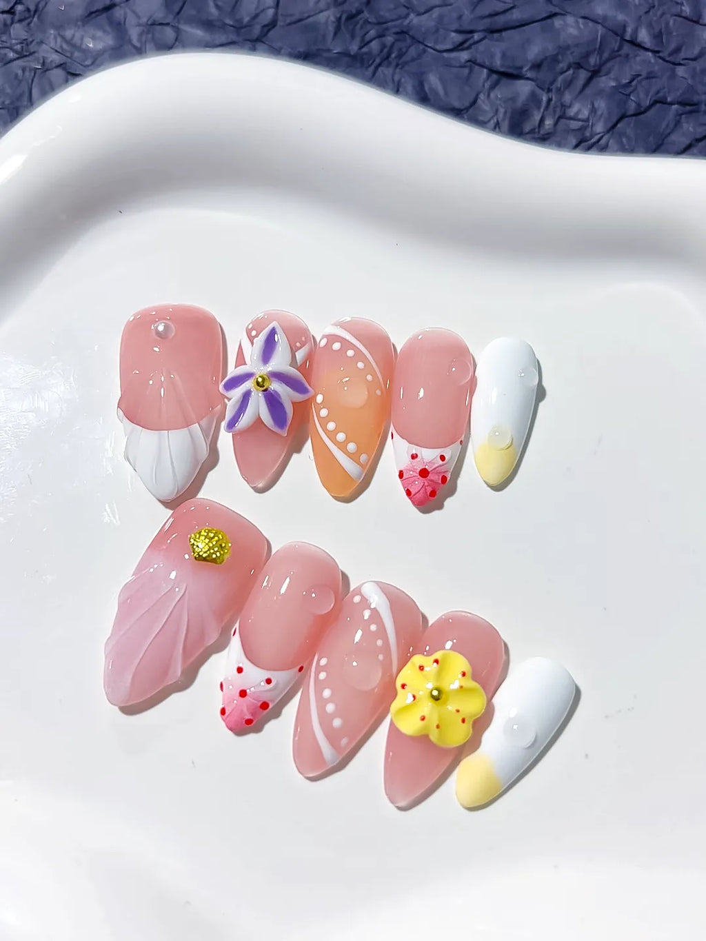 Pink White Yellow Floral Flower Line Art press on nails close up