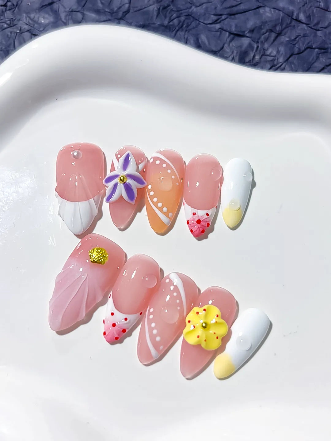 Pink White Yellow Floral Flower Line Art press on nails close up