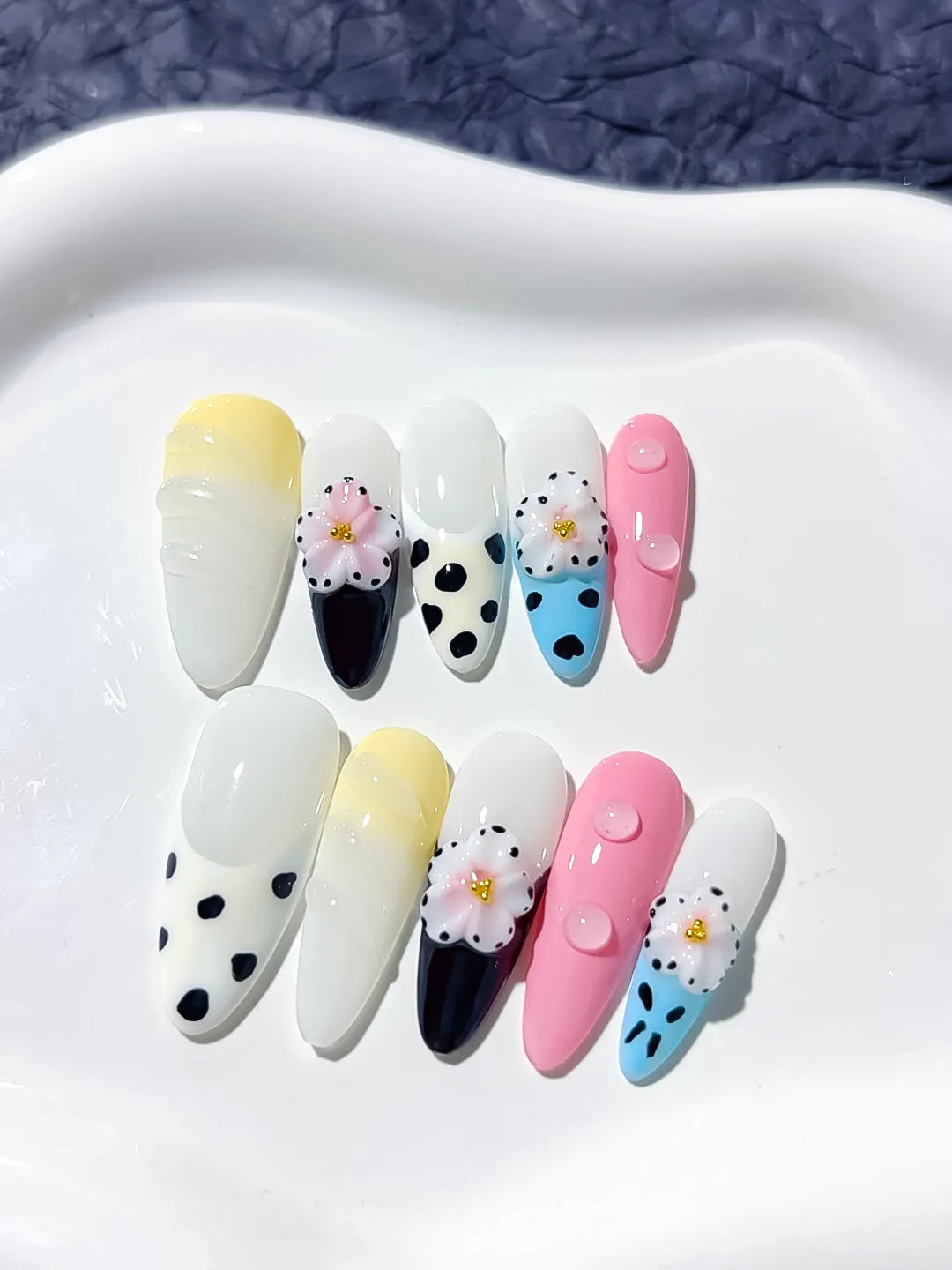 White Yellow Pink Blue Black Abstract Flower Dot Pattern press on nails detail view