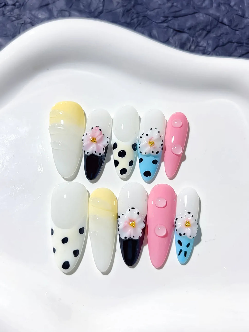 White Yellow Pink Blue Black Abstract Flower Dot Pattern press on nails detail view