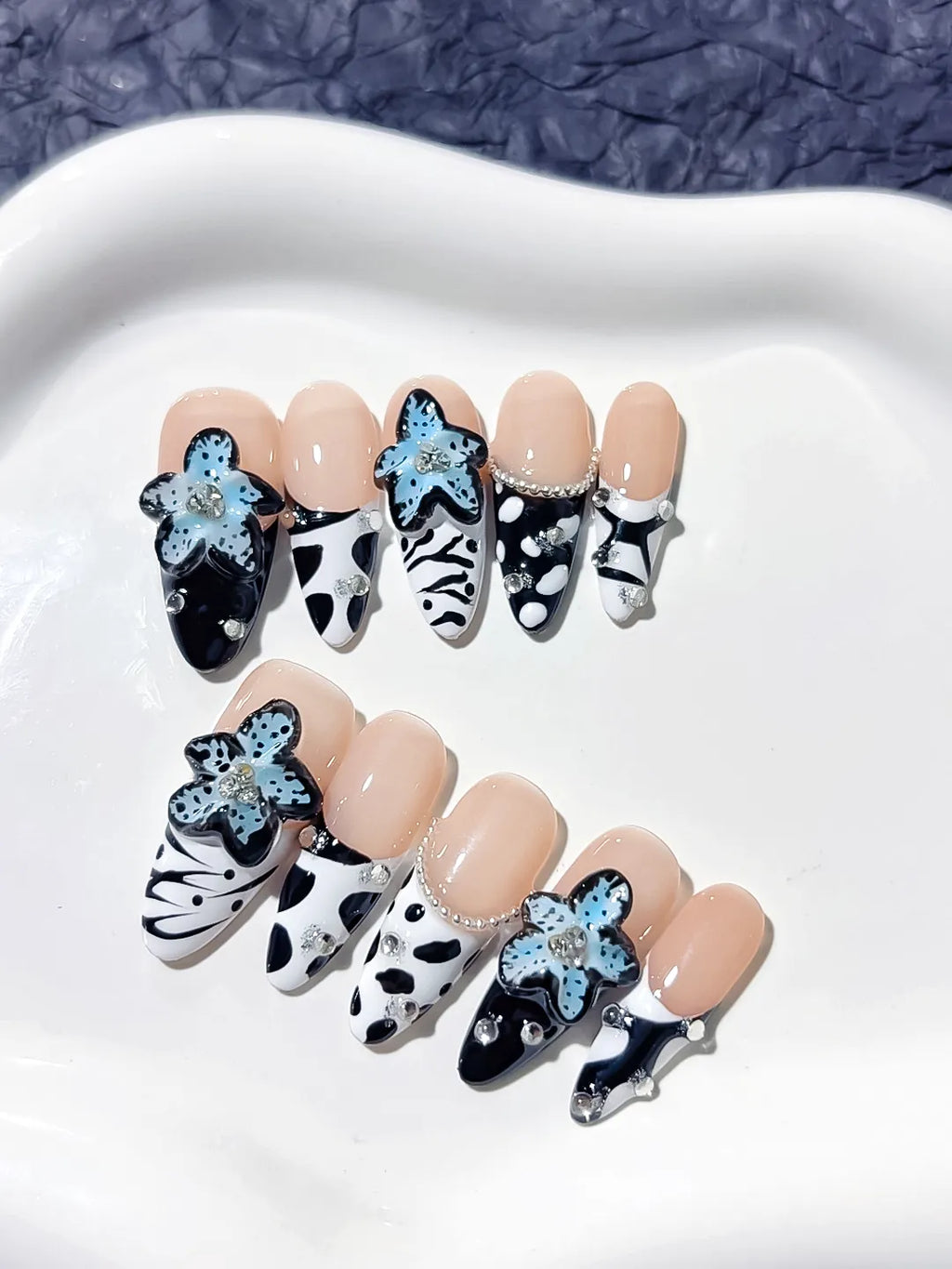 Nude Black White Blue Abstract Flower Pearl press on nails close up