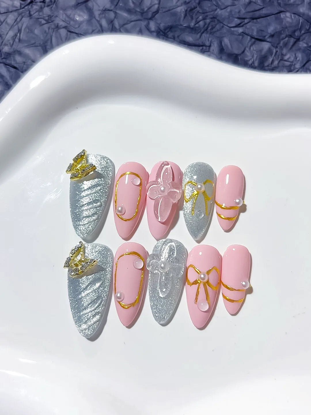 Pink Silver Glitter Bow Metallic Outline press on nails detail view
