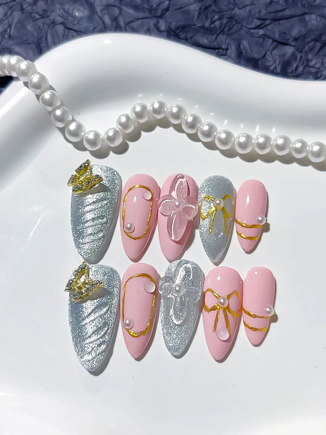 Pink Silver Glitter Bow Metallic Outline press on nails close up