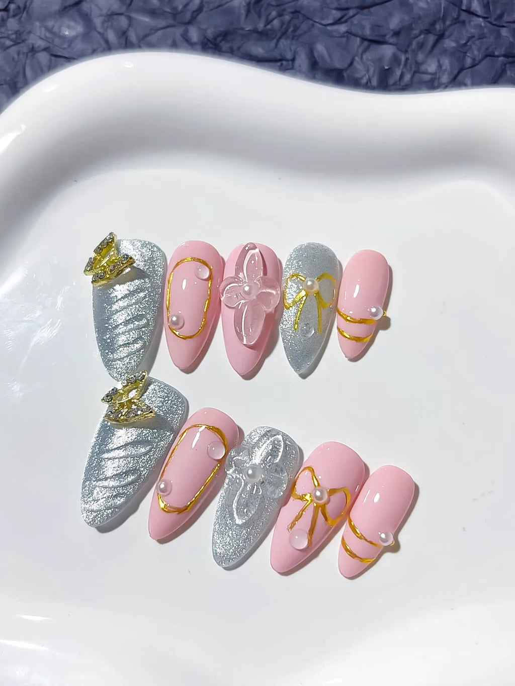 Pink Silver Glitter Bow Metallic Outline press on nails angled view