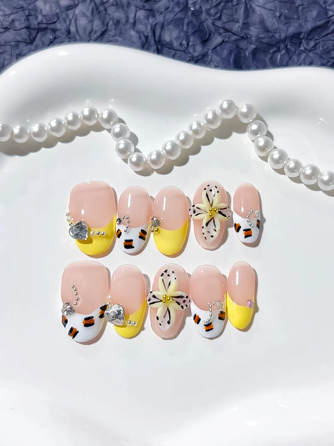 Nude Yellow White French tip Flower Rhinestone press on nails detail view