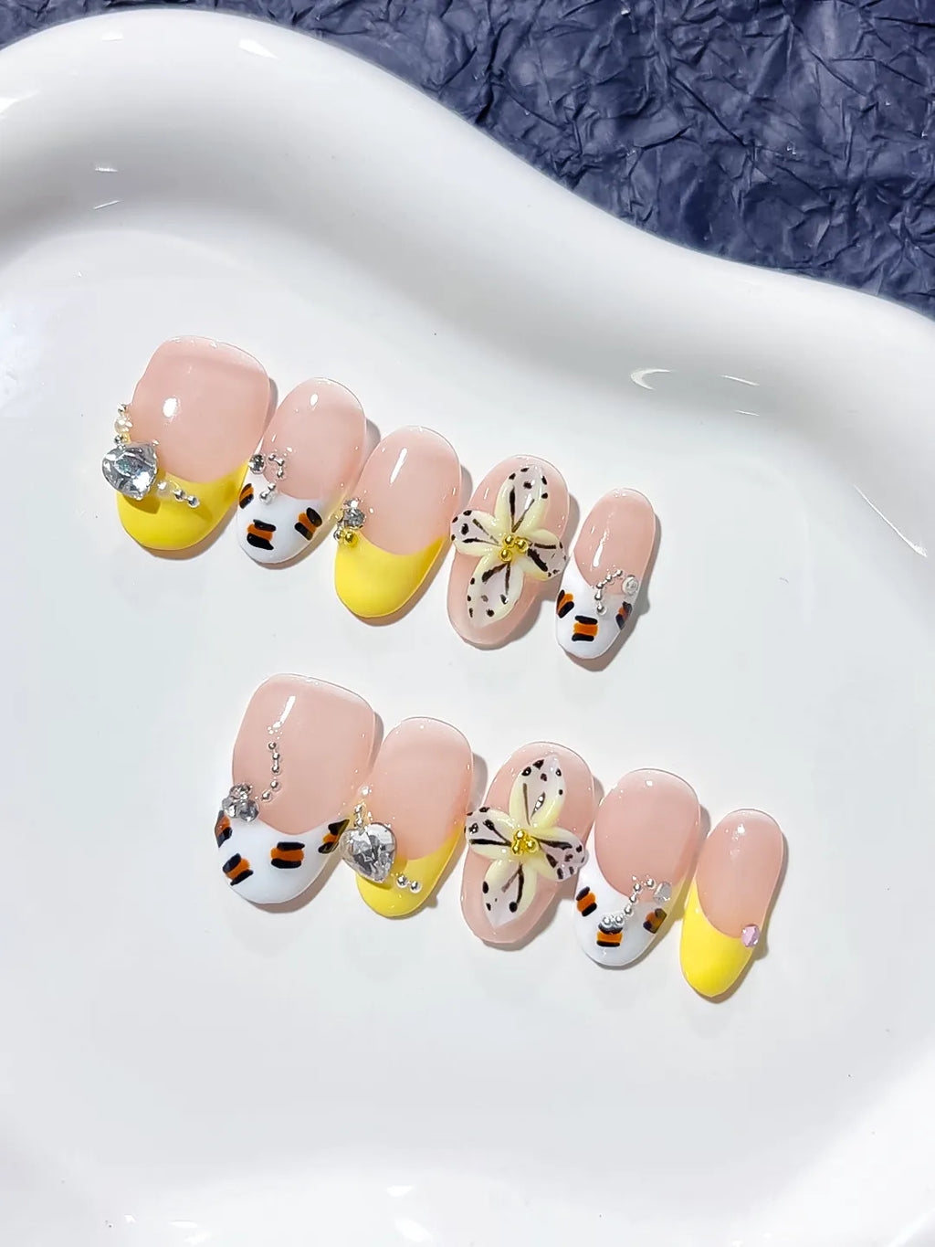 Nude Yellow White French tip Flower Rhinestone press on nails detail view