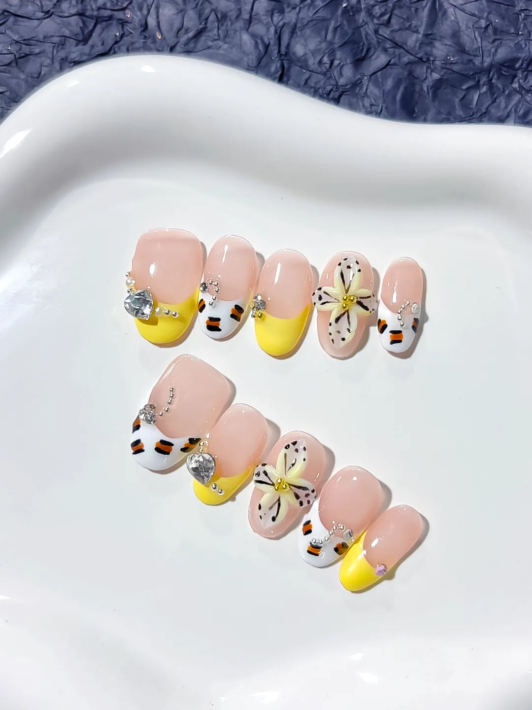 Nude Yellow White French tip Flower Rhinestone press on nails close up