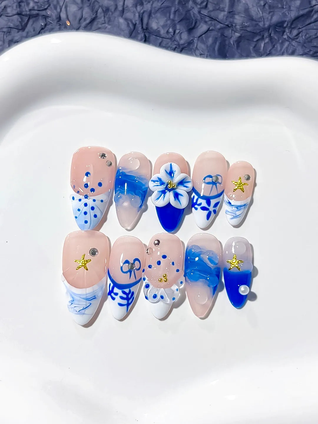 Nude Blue White French tip Flower Star press on nails full set view