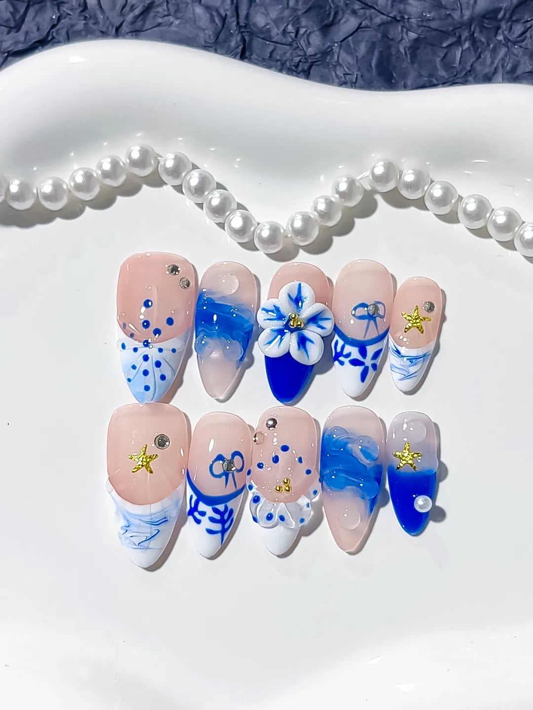 Nude Blue White French tip Flower Star press on nails detail view