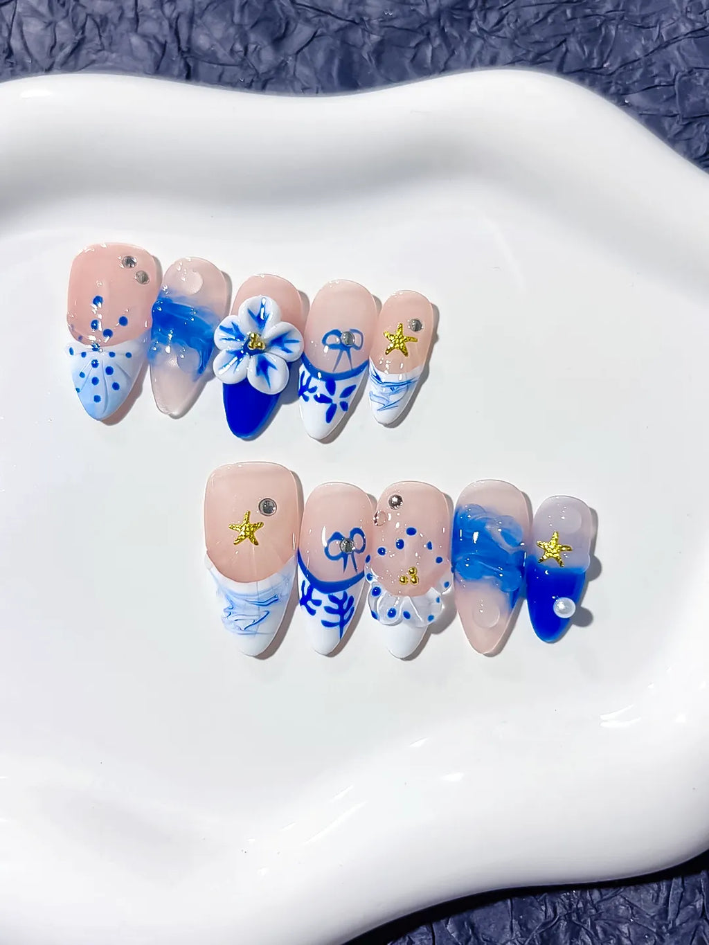 Nude Blue White French tip Flower Star press on nails detail view