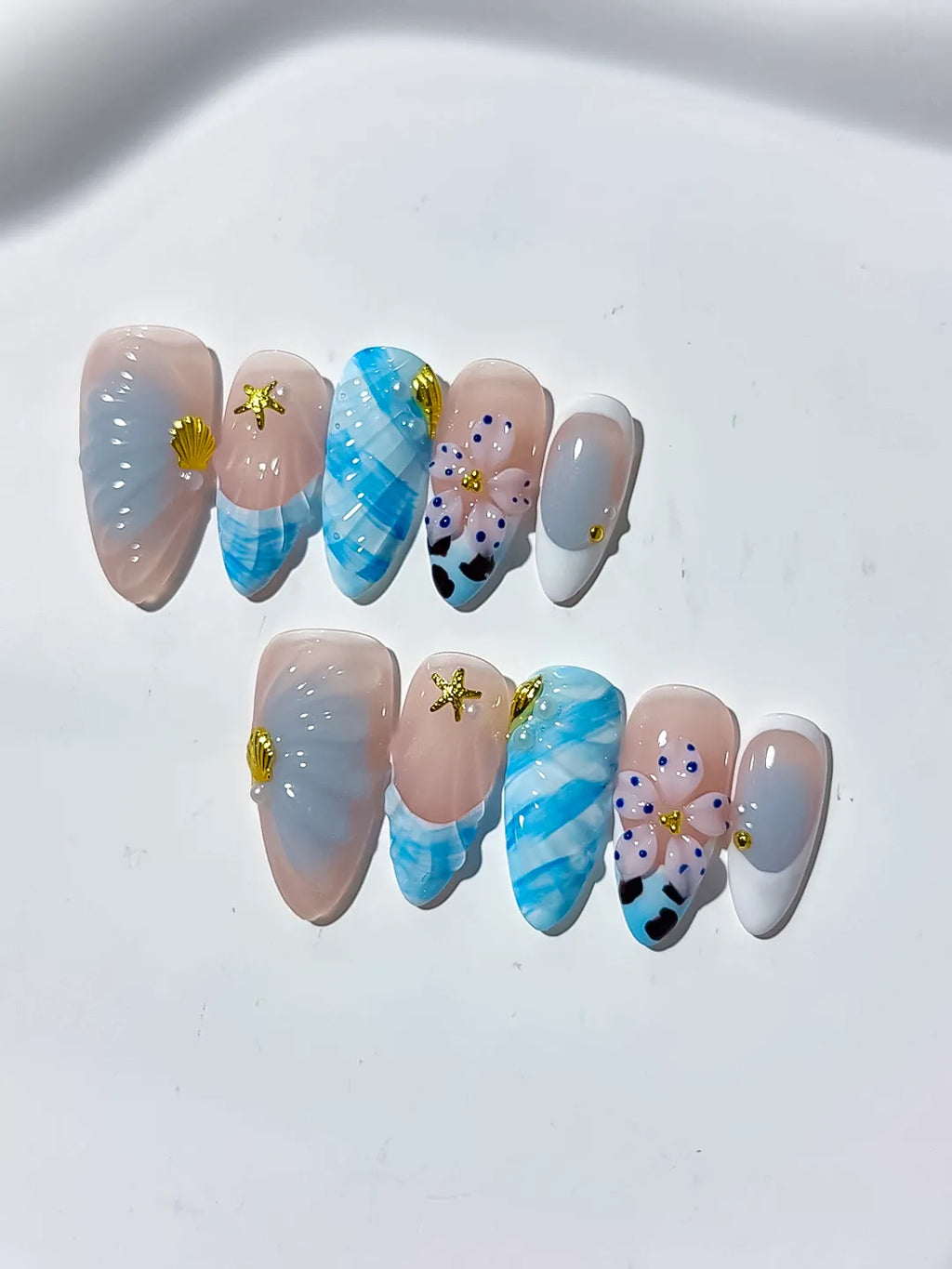 Nude White Blue Abstract Flower Shell Starfish press on nails detail view