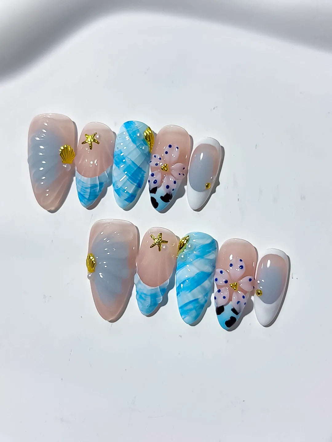 Nude White Blue Abstract Flower Shell Starfish press on nails detail view
