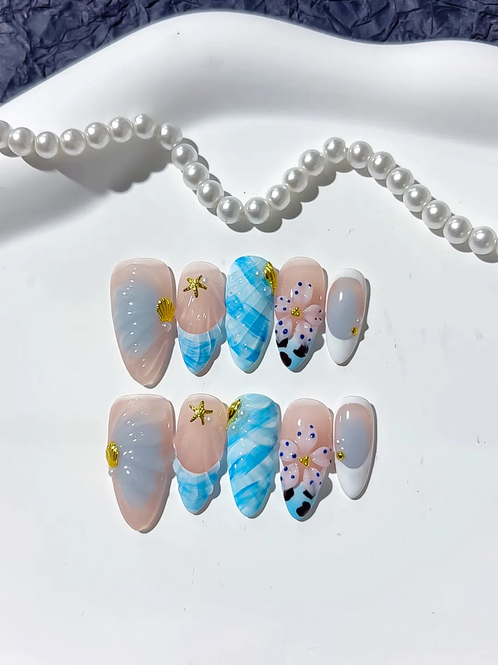 Nude White Blue Abstract Flower Shell Starfish press on nails detail view