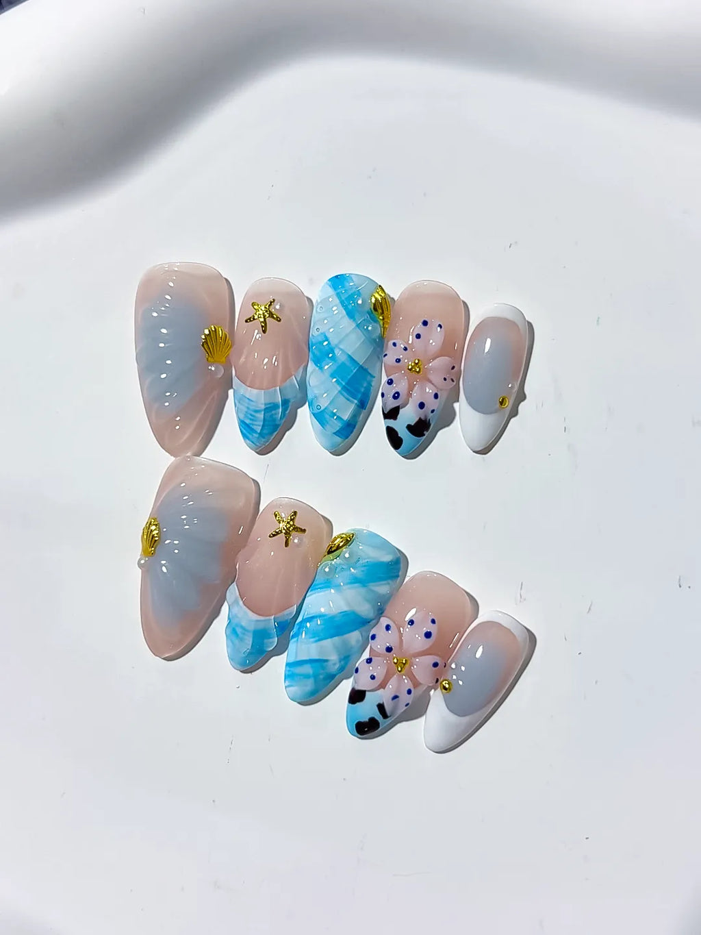 Nude White Blue Abstract Flower Shell Starfish press on nails detail view