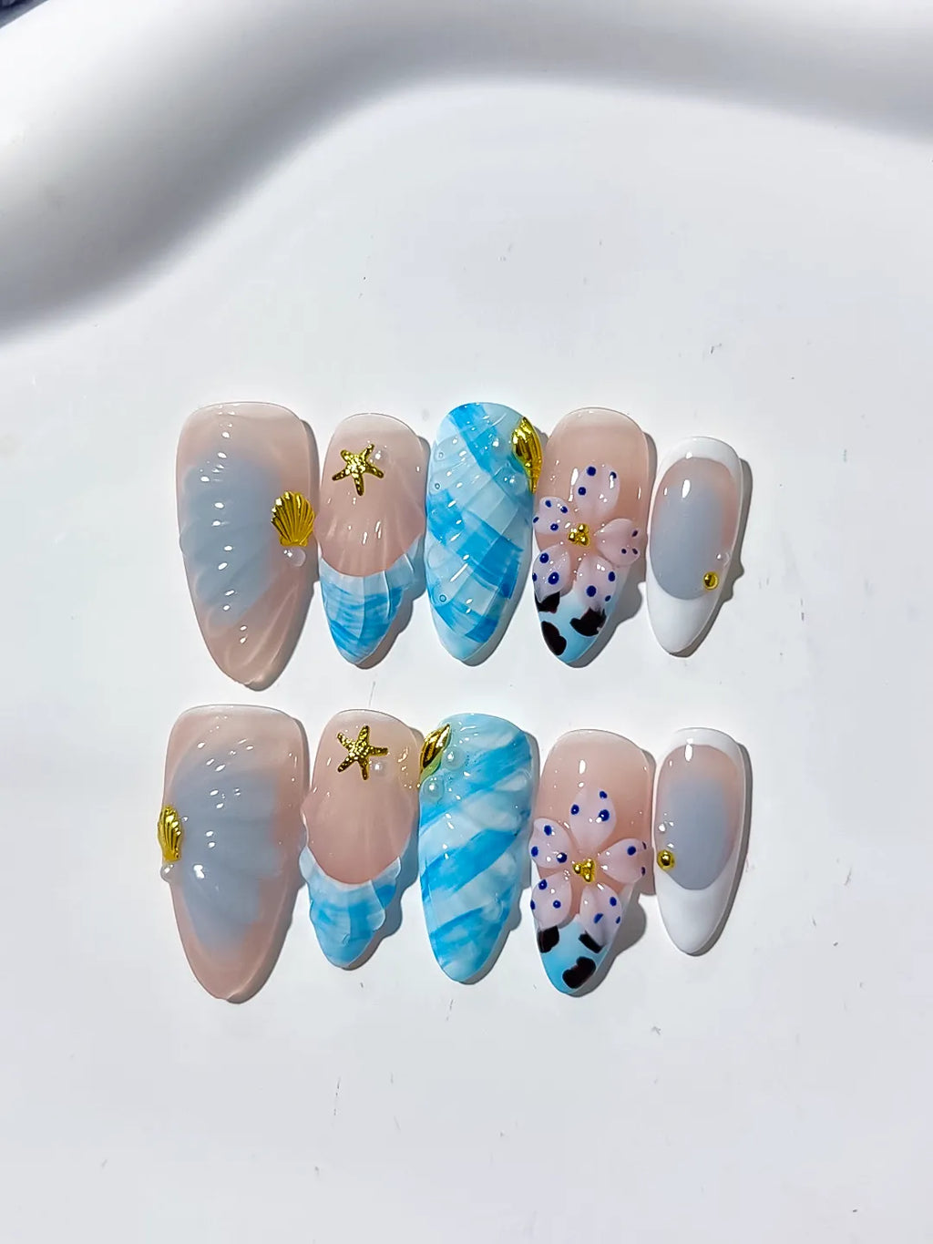 Nude White Blue Abstract Flower Shell Starfish press on nails close up