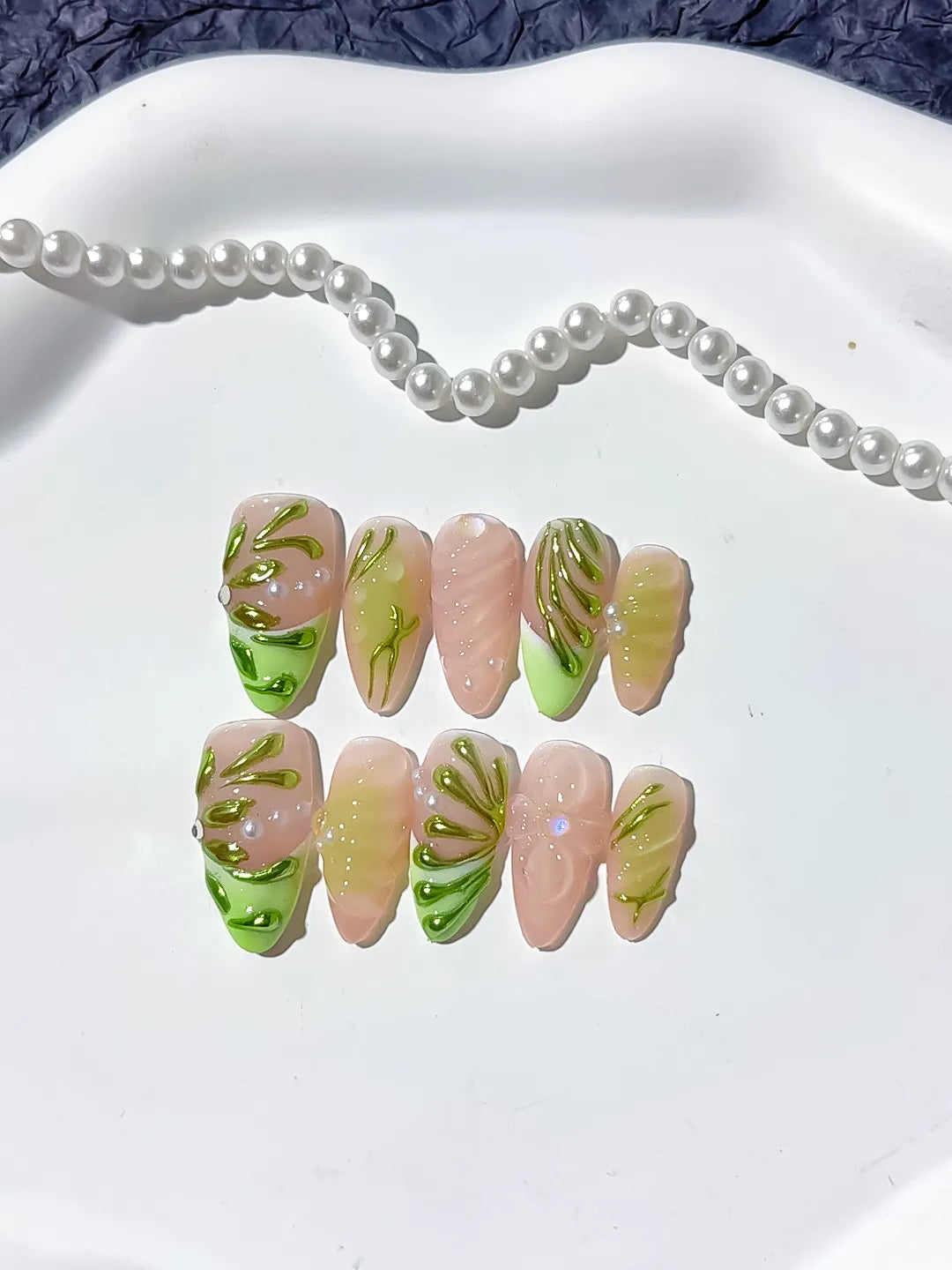 Nude Green Metallic Embossed press on nails detail view