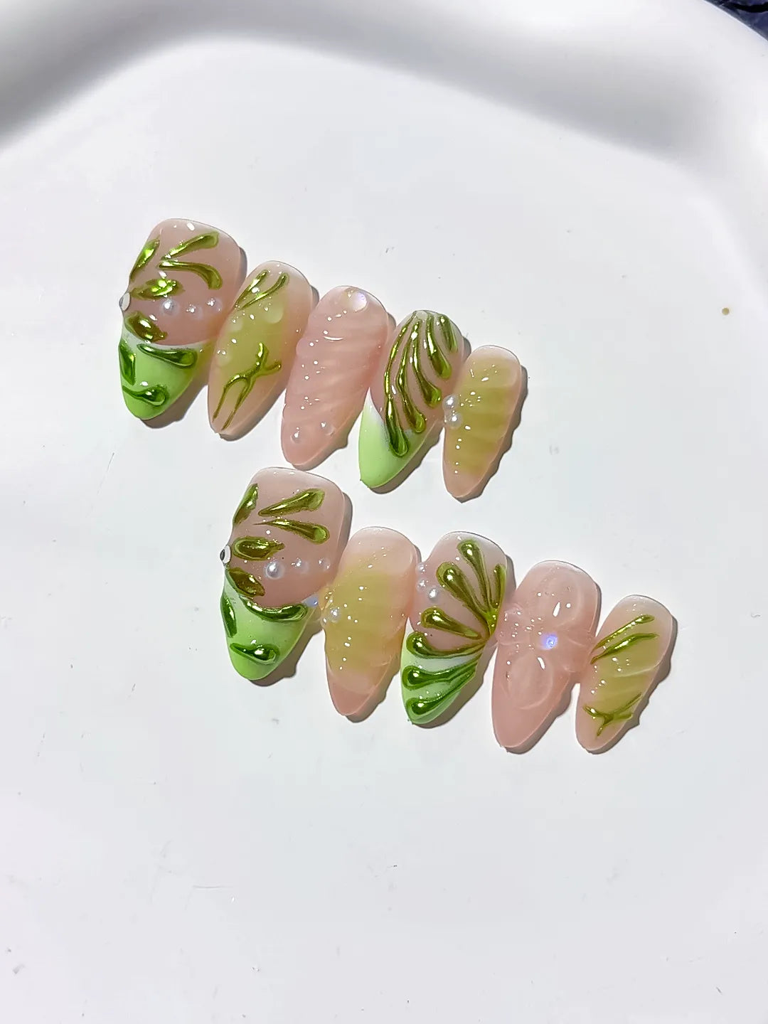 Nude Green Metallic Embossed press on nails detail view