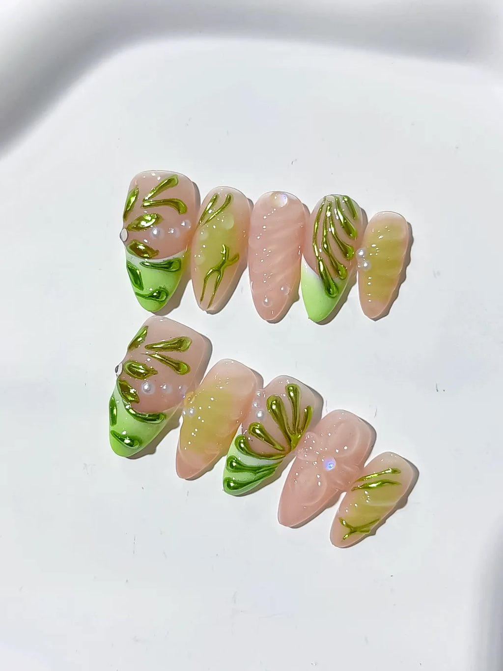 Nude Green Metallic Embossed press on nails detail view