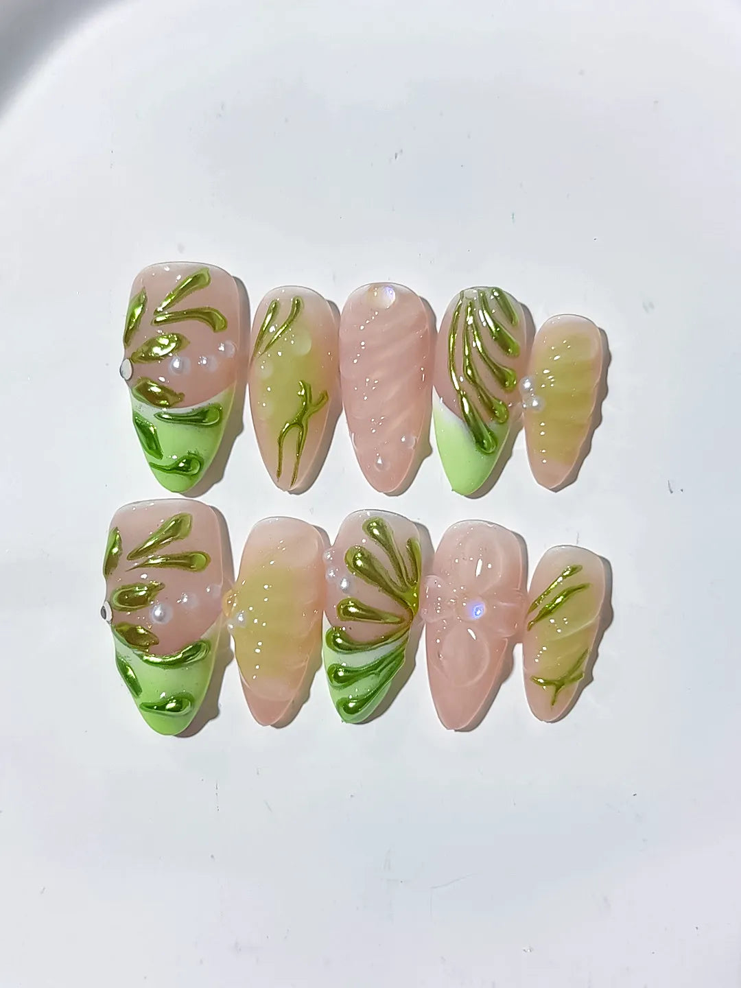 Nude Green Metallic Embossed press on nails close up