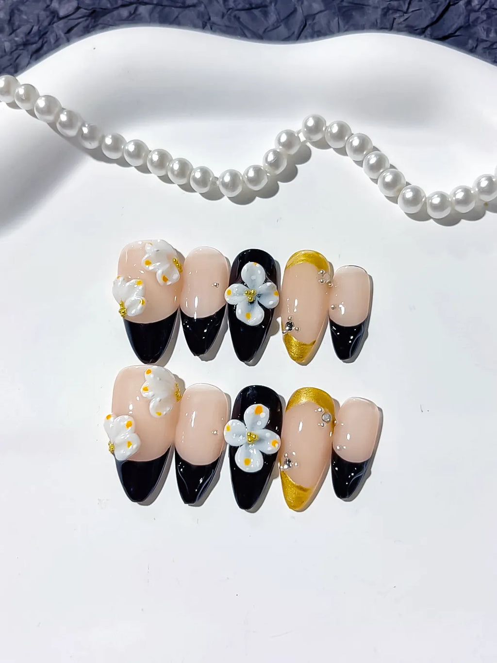 Nude Black White Gold French tip Flower Rhinestone press on nails detail view