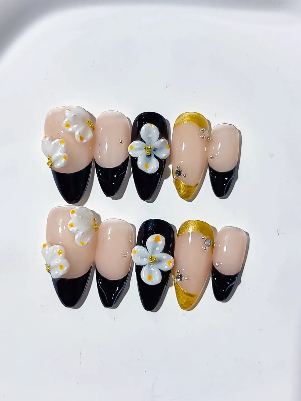 Nude Black White Gold French tip Flower Rhinestone press on nails detail view