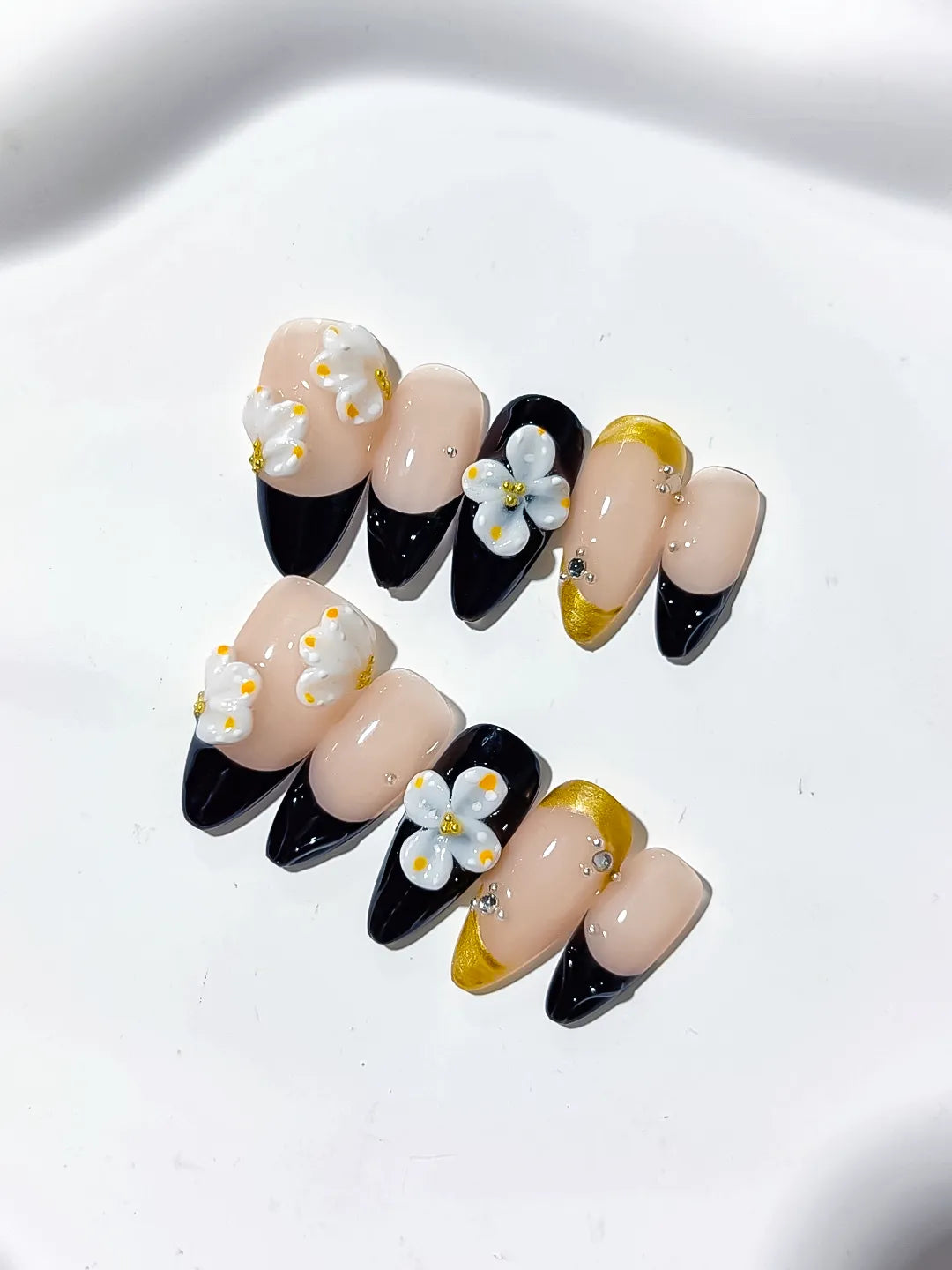 Nude Black White Gold French tip Flower Rhinestone press on nails detail view