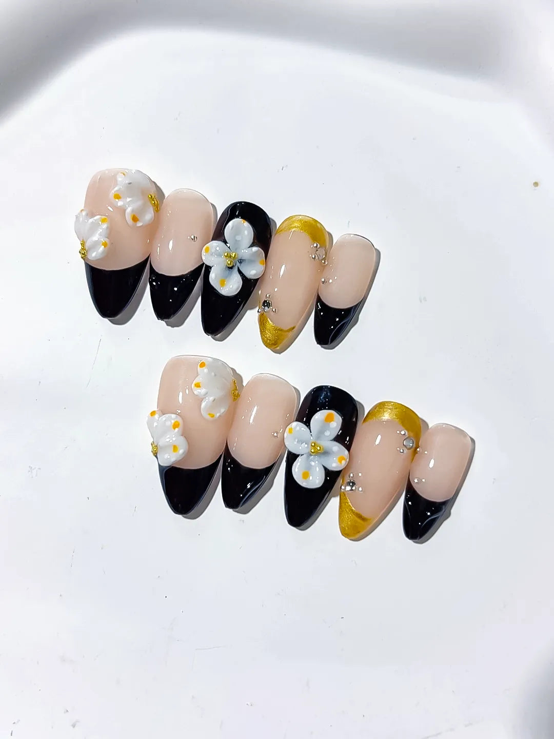 Nude Black White Gold French tip Flower Rhinestone press on nails close up