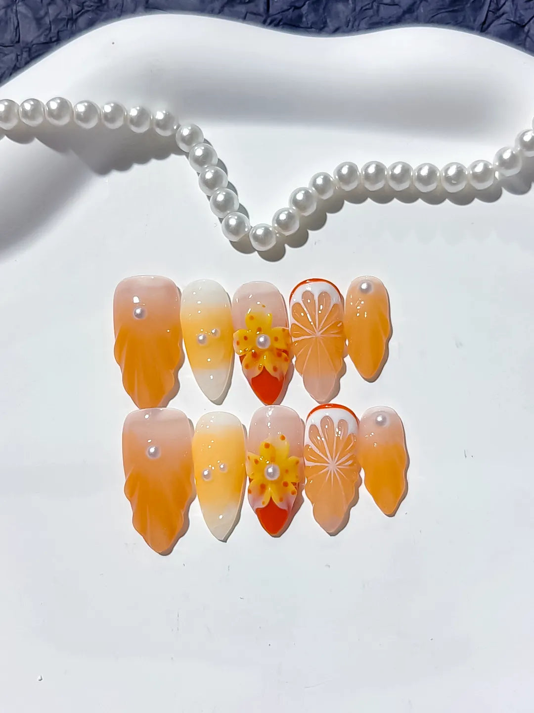 Orange White Floral Flower Citrus press on nails detail view