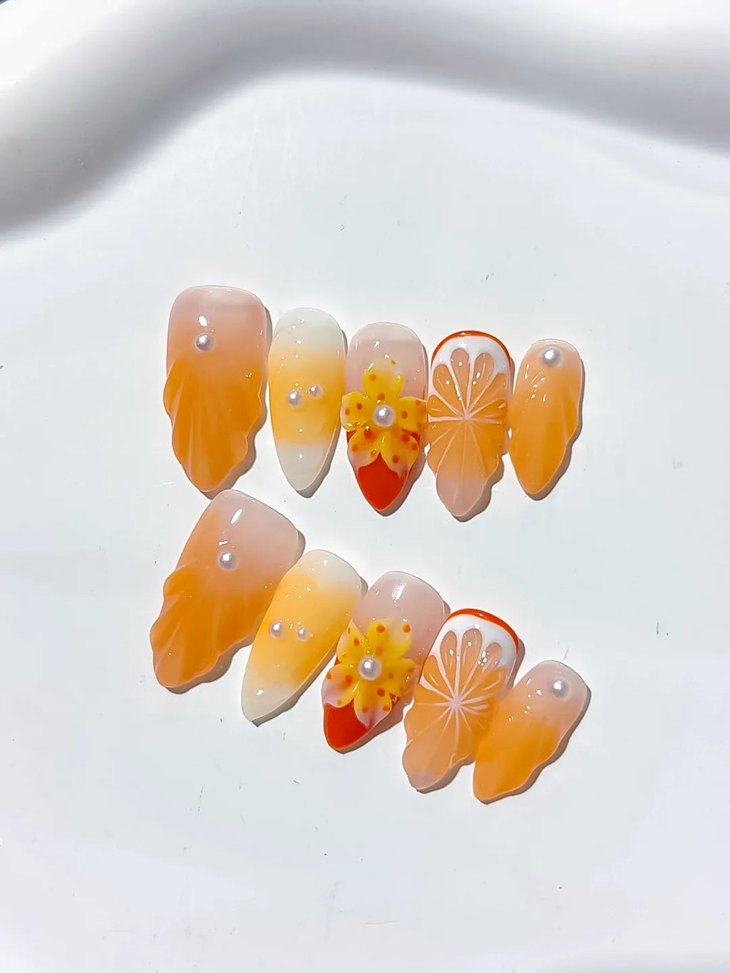 Orange White Floral Flower Citrus press on nails detail view
