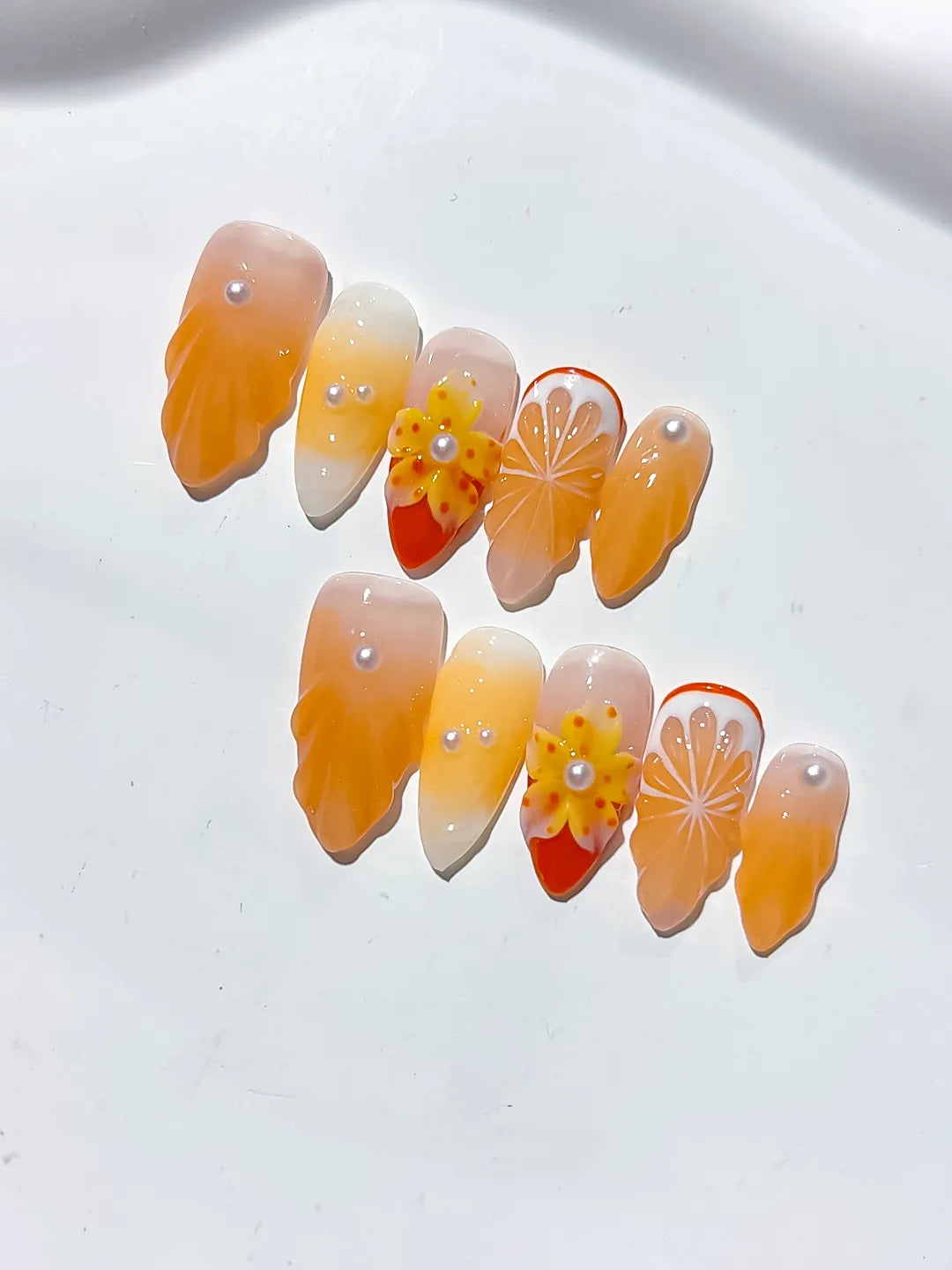 Orange White Floral Flower Citrus press on nails detail view
