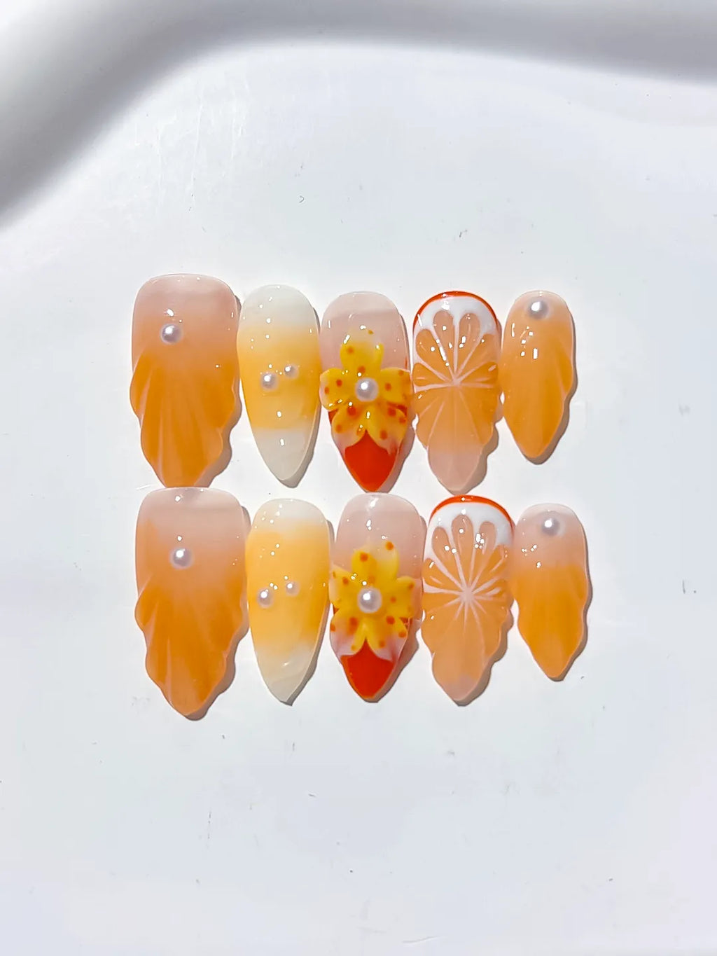 Orange White Floral Flower Citrus press on nails close up