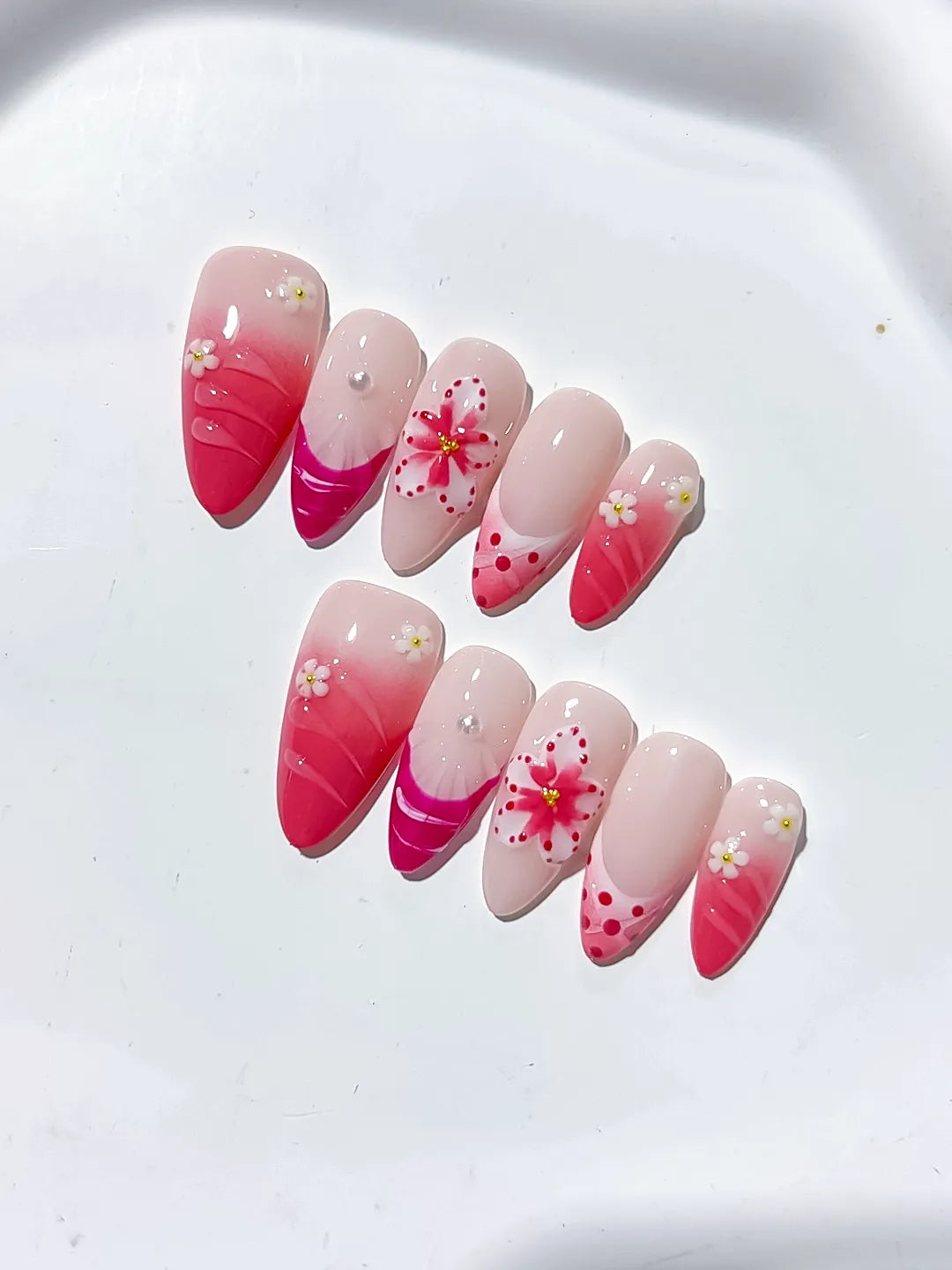 Pink White Ombre Flower Dot Pattern press on nails detail view