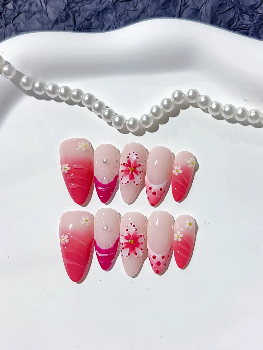 Pink White Ombre Flower Dot Pattern press on nails close up