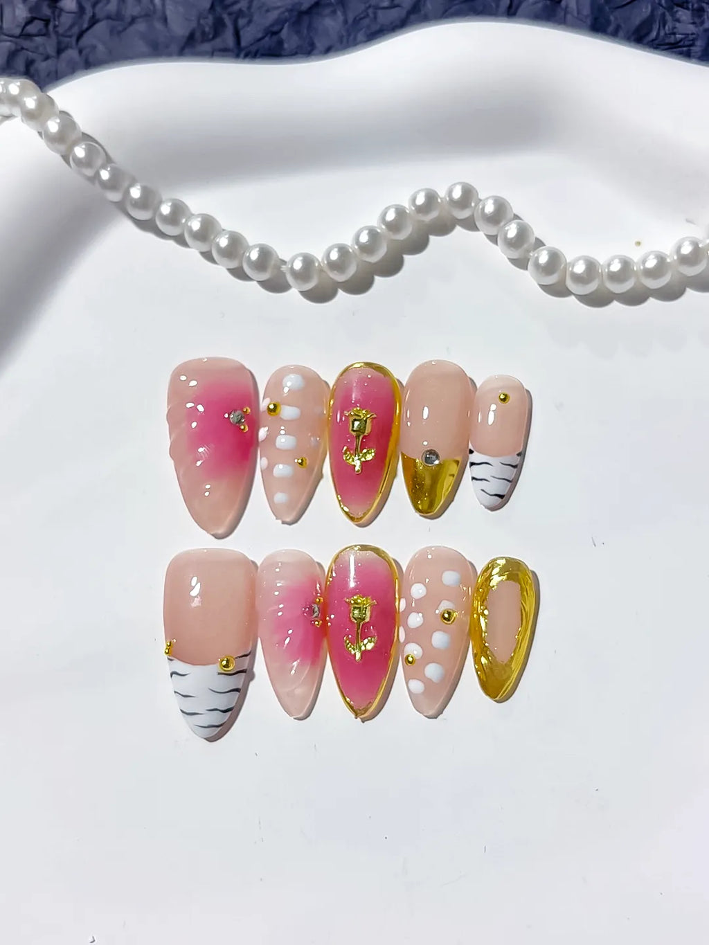 Pink Gold White Black Abstract Rose Animal Print Metallic press on nails detail view