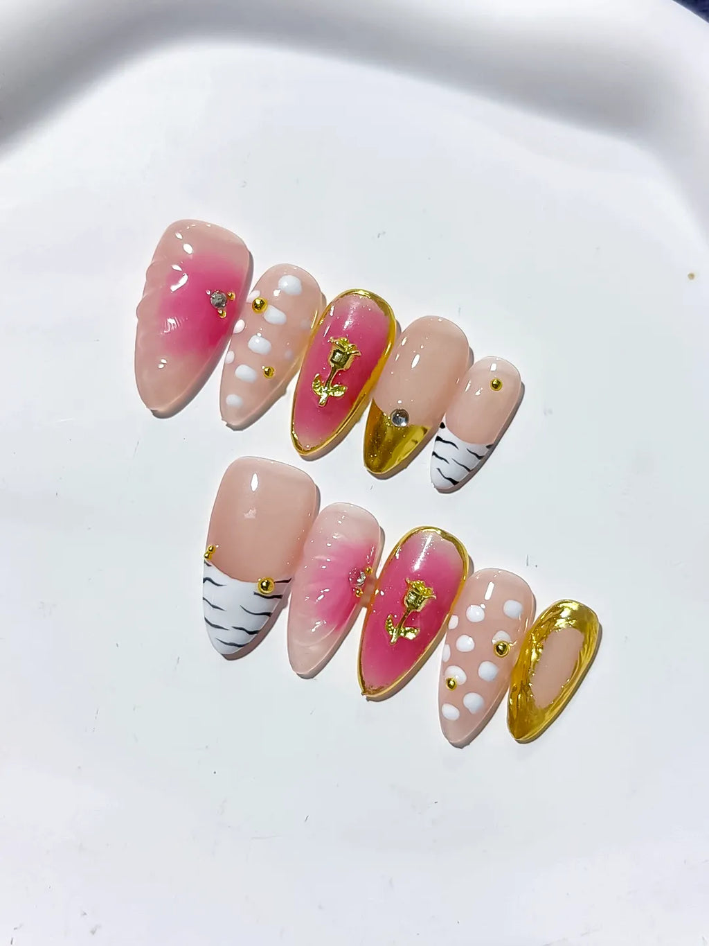 Pink Gold White Black Abstract Rose Animal Print Metallic press on nails detail view