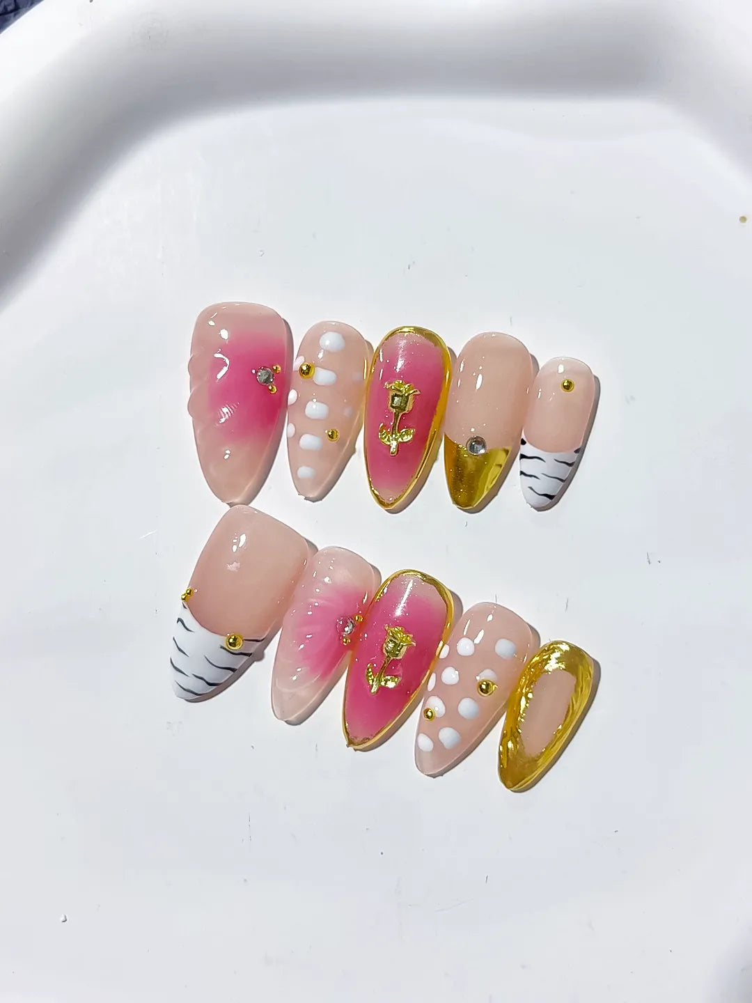 Pink Gold White Black Abstract Rose Animal Print Metallic press on nails detail view