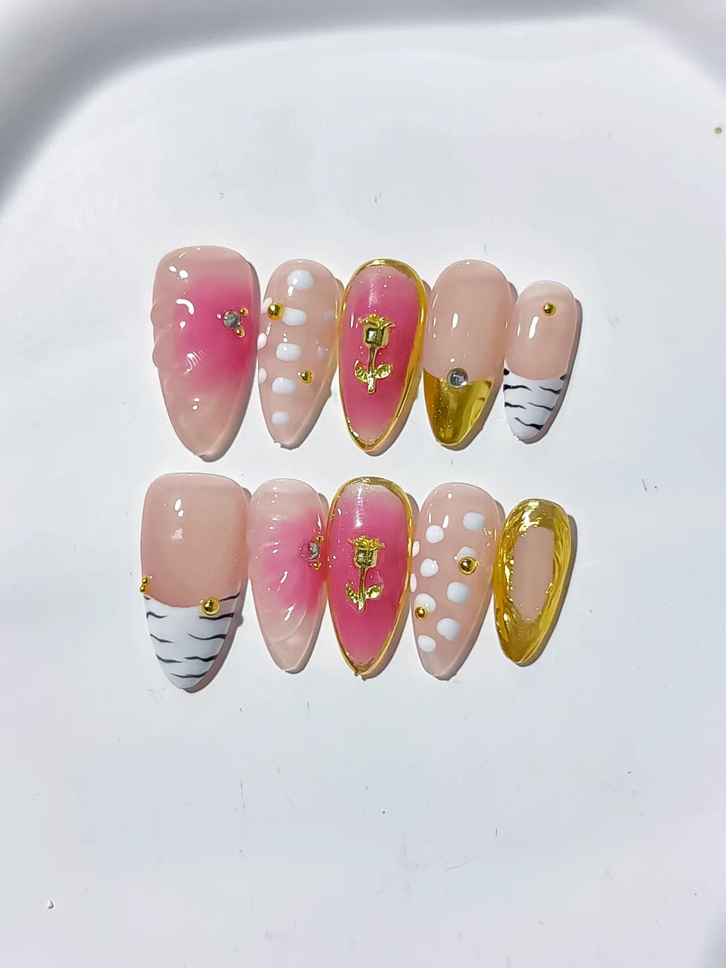 Pink Gold White Black Abstract Rose Animal Print Metallic press on nails close up