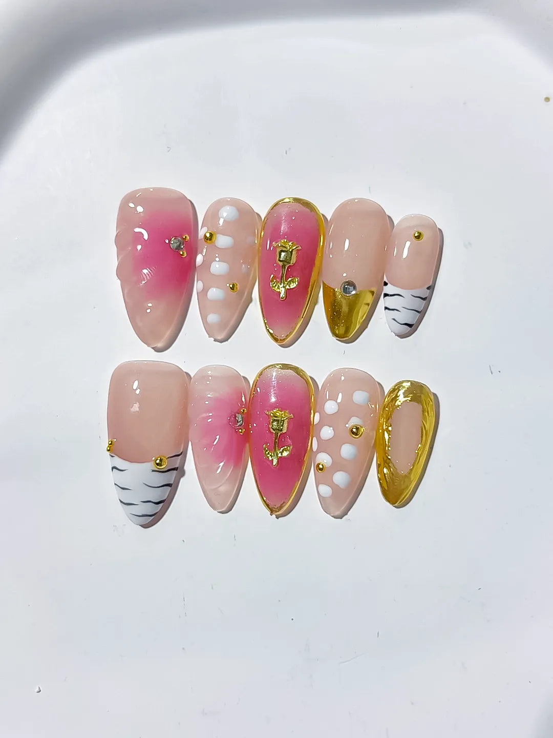 Pink Gold White Black Abstract Rose Animal Print Metallic press on nails close up