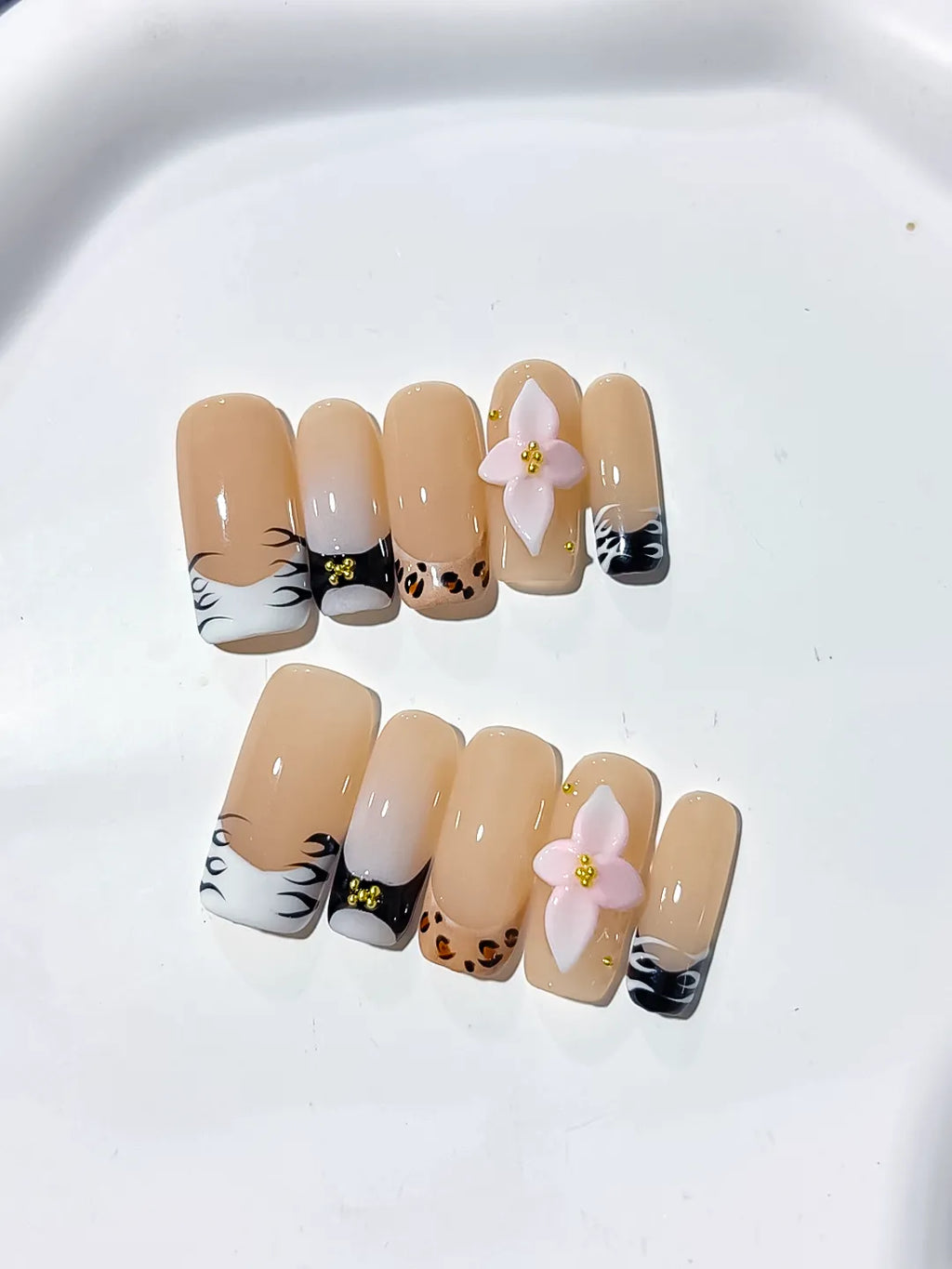 Nude White Black French tip Flower Animal Print press on nails detail view
