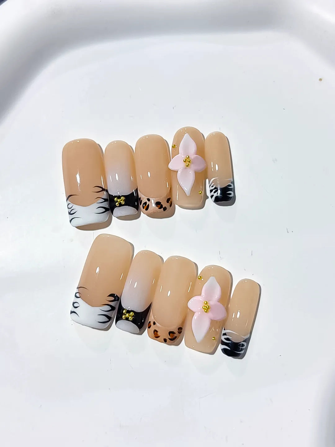 Nude White Black French tip Flower Animal Print press on nails detail view