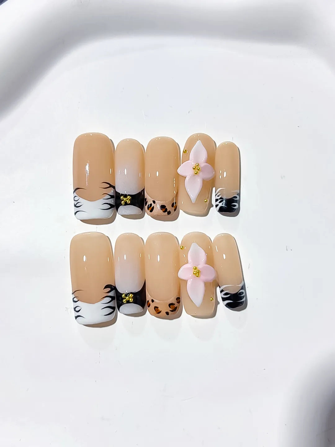 Nude White Black French tip Flower Animal Print press on nails detail view
