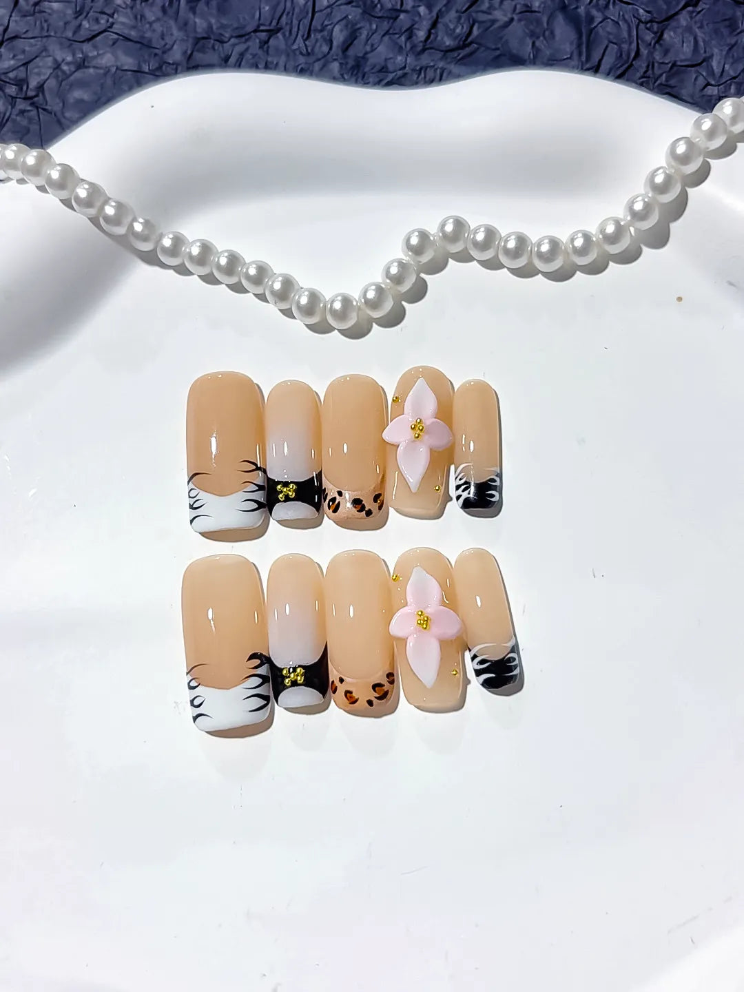 Nude White Black French tip Flower Animal Print press on nails detail view